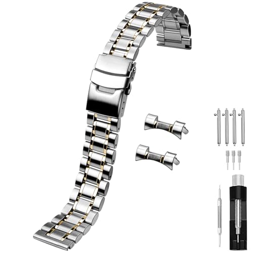 Image of Juntan 20mm 22mm Stainless Steel Watch Band Curved End Straight End for Men Women Metal Watch Bands Strap Quick Release Replacement Bracelet with Double Folding Buckle Silver