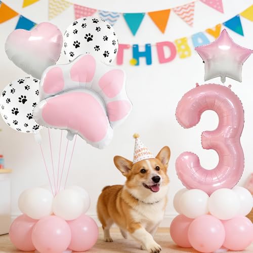 Image of 3rd Birthday Dog Paw Balloons Set,18'' Paw Prints, Heart,Star,Paw Shaped Foil Balloon 40 Inch Pink Number 3 Helium balloons for Puppy Themed Third Anniversary Birthday Party Decorations Supplies 6PCS