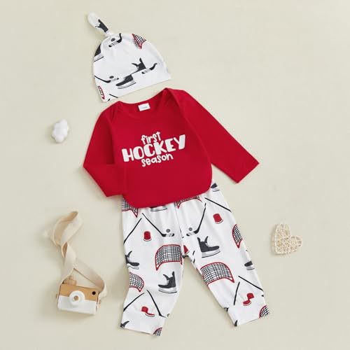 Newborn Baby Boy Hockey Clothes First Hockey Season Long Sleeve Romper Pants Beanie Hat Set 3Pcs Coming Home Outfit3