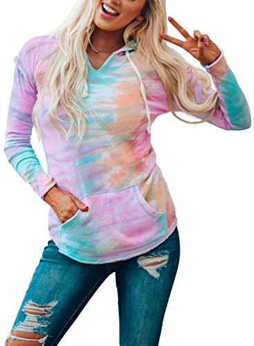 EVALESS Women Tie Dye Long Sleeve Drawstring Hoodies Sweatshirts Pullover Top With Pocket Multicolor 2XL 18 20