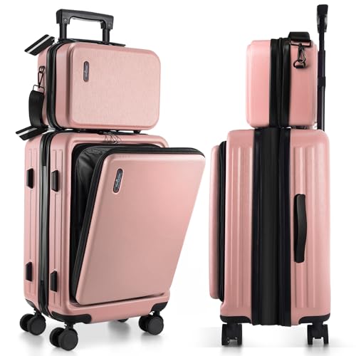 Image of 22 Inch Carry On Luggage, Carry On Suitcase with Wheels, Hardside Luggage Carry-On, Expandable Pink Small Suitcase, Hard Shell Carry-on Luggage, Spinner Luggage with Cosmetic Bag