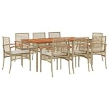WDSAYREH 9 Piece Patio Dining Set with Cushions, Beige Poly Rattan Outdoor Dining Set with Acacia Wood Table and Powder-Coated Steel Frame