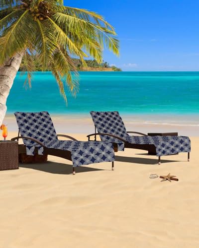 Flower Blue Beach Chair Cover with Side Pockets, Microfiber & Quick Dry Pool Chaise Lounge Chair Towels Covers for Sun Sunbathing Patio Garden Hotel, Minimalist Geometric Abstract Art