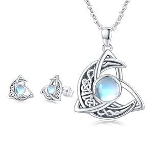 KQ&TTENG Celtic Moonstone Necklace and Celtic Moonstone Earrings, Celtic Knot Moonstone Pendant Necklace Earrings Crescent Irish Necklace Jewelry Gift for Women