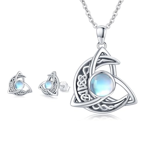KQ&TTENG Celtic Moonstone Necklace and Celtic Moonstone Earrings, Celtic Knot Moonstone Pendant Necklace Earrings Crescent Irish Necklace Jewelry Gift for Women