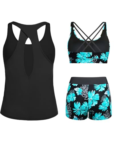 Image of Tempt Me 3 Piece Tankini Swimsuits for Women Athletic Bathing Suits Swim Tank Top with Boy Shorts and Bra Modest Swimwear