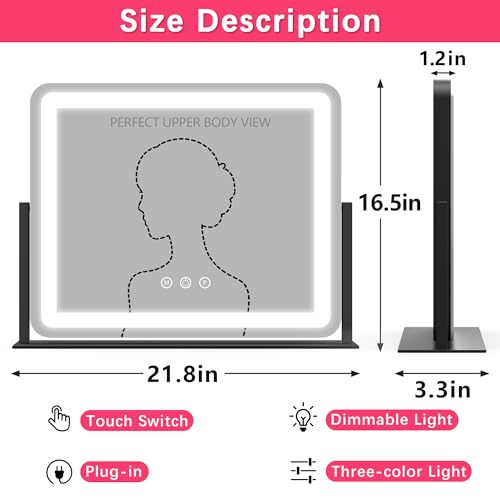 Image of ROLOVE 22x17 Inch Lighted Vanity Mirror with Dimmable LED Lights - 3 Color Modes, Smart Touch Control & 360 Rotating Base - Desk Makeup Mirror (Black)