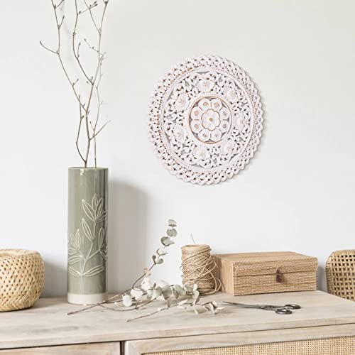 Kvintes Wooden Floral Wall Art Hanging, Medallion Wall Décor, Round Decorative Carved Distressed White Mdf Sculpture Wall Panel For Your Room Or Office thumb #4
