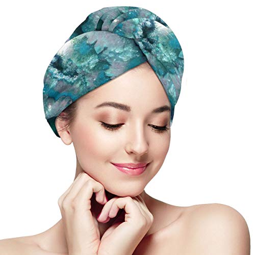 Teal Agate Printed Hair Drying Towels,Quick Drying Hair Cap,Microfiber Hair Towel Wrap Turban Soft Wrapped Bath Cap With Buttons Travel Towel Hat