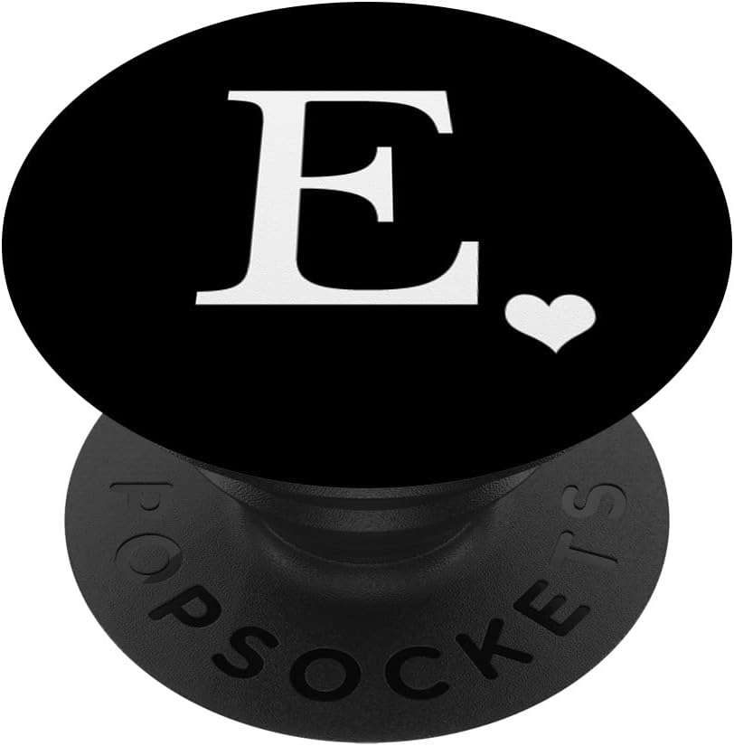 White Initial Letter E heart Monogram on Black PopSockets MagSafe PopGrip for iPhone