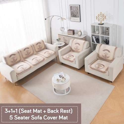 Image of HOKIPO Noor Beige Premium Chenille Jacquard Sofa Cover 5 Seater Set - Washable 3+1+1 Sofa Cover for Seat & Back | 'Royal Aangan Series' (IN-1008-L4*2 + IN-1006-L4*4)