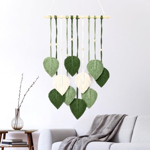 Rixotix Tapiz de macramé hecho a mano, decoración bohemia, macramé, con perlas de madera y hojas verdes, tapiz bohemio para dormitorio, habitación infantil, plumas, decoración de pared (color: verde)