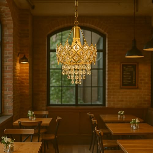 Image of TRIPPING Golden Crystal Ceiling Pendant Lamp with E27 Bulb Holder - Elegant Chandelier-Style Light for Living Room, Dining Hall, Hotel, Balcony, Cafe, and Reception Decor