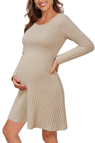OUGES Damen Umstandskleid Festlich Winter Rundhals Stillkleid Langarm Leichtes Schwangerschaft Kleid Kurz-S