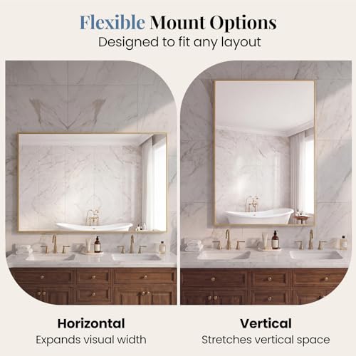 Image of NEWBULIG 30 inch x 40 inch Gold Rectangle Bathroom Mirrors for Wall, Morden Wall Mirror with Metal Frame, Tempered Glass, Vanity Mirror for Over Sink, Entryway, Living Room, Anti-Rust, Horizontal or Vertical