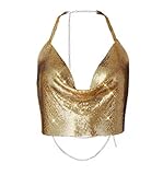 Women’s Sexy Metallic Sequins Halter Crop Top Deep V Neck Backless Vest Shirt Clubwear Rave Outfit 50 * 30CM（Gold）