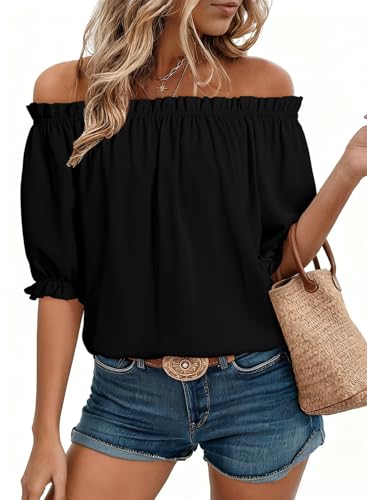 EVALESS Womens Tops Short Sleeve Shirts for Women Country Concert Outfits Summer Clothes Trendy 2026 Off The Shoulder Blouses Dressy Casual Tunic Tops for Women Loose Fit Spring Black Shirts, Medium