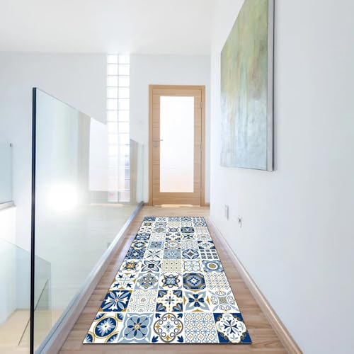 Alfombra pasillo azul de 70x150 cm lavable y de poliéster 6