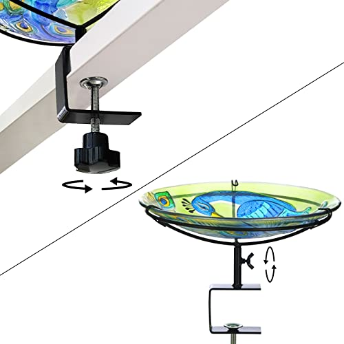 Lewis&Wayne Deck Mounted Glass Bird Baths For Outdoors, 10.5 Inch Bird Feeder Bowl For Garden Patio Yard Balcony Fence Railing- Peacock Design #TOP3