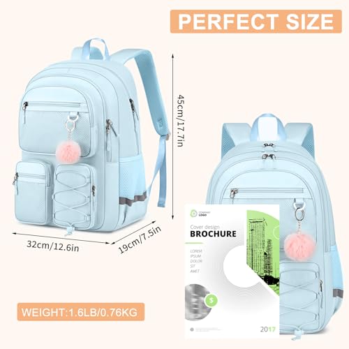 Image of School Backpack for Teen Girls, Cute College Back Pack Women, Kids Backpack | Middle Students School BookBag for Girls, 15.6 Inch Laptop Bag Travel Back Pack, Light Blue