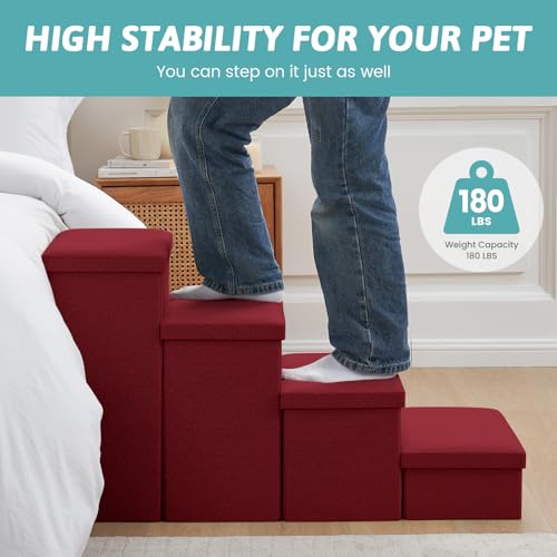 Image of Dog Stairs with Storage, 4-Step Wider Sturdy Dog Steps for Small /Medium /Large Dogs and Older Cats, Folding Doggie Ramp for Bed /Couch /Car Hold Up to 180 lbs (22 inch H, Burgundy)