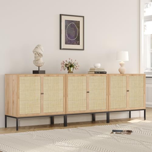 Yechen Set of 3 94.5" Sideboard Cabinet with Natural Rattan