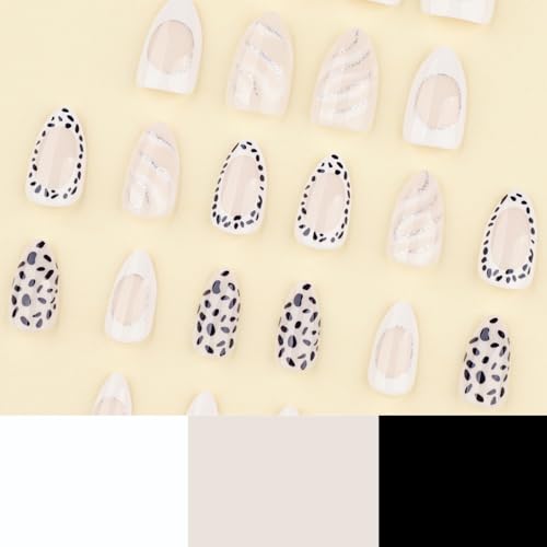 Image of Almond Press on Nails Polka Dots Fake Nails woth Stripe Design Black White Glue on Nails Glossy Full Cover Artificial Acrylic Short Stick on Nail for Women Girls Manicure 24Pcs