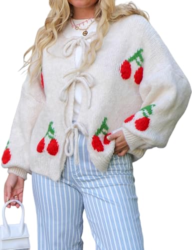 Yimoon Womens Bow Tie Front Cardigan Cute Cherry Open Front Y2k Sweater Oversized Chunky Knit Cardigan Tops