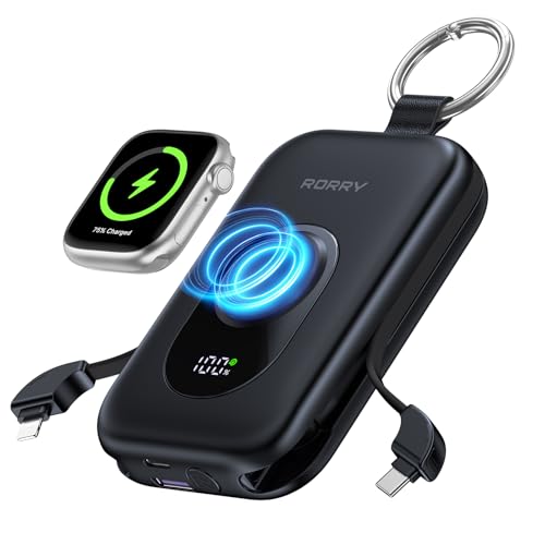 RORRY CharmGo Portable Charger 20000mAh PD 30W Portable Charger Power Bank with 2 Built-in Cables Fast Charging Battery Pack with Keychain Travel Essentials for iPhone Apple Watch iPad Black