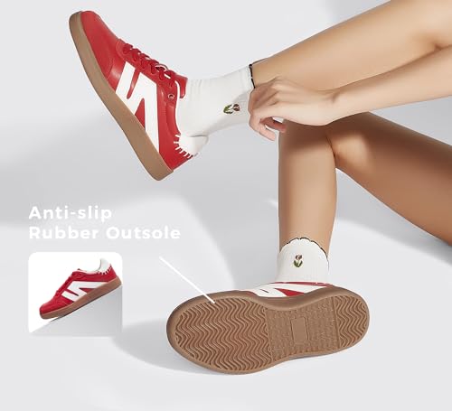 Image of LUCKY STEP Women Retro Gum Sole Fashion Sneakers | Genuine Leather Classic Tennis Skate Walking Shoes Anti Slip Trainers
