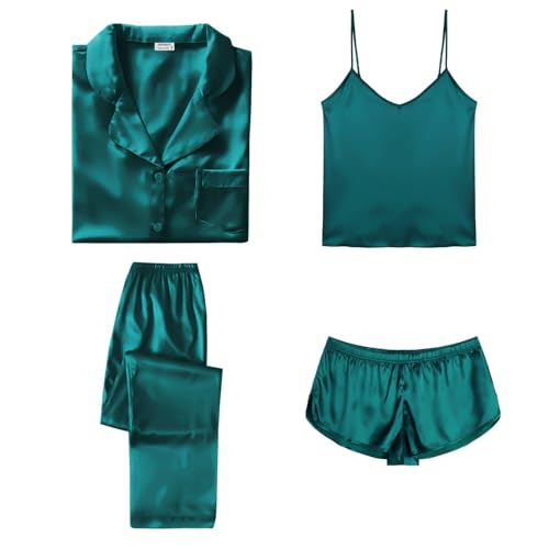 Image of SWOMOG Womens Silk Satin Pajamas Sets 4pcs Sleepwear Sexy Cami Shorts Set and Button Down Short Sleeve Pjs Loungewear