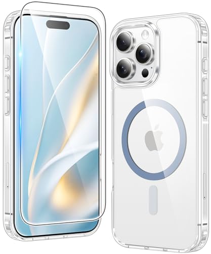 Image of FNTCASE for iPhone 16 Pro Case: Clear Magnetic Phone Cases Compatible with Magsafe Slim Anti Yellowing Military Grade Drop Protection Rugged Protective Transparent Cell Cover (B-Z Blue)
