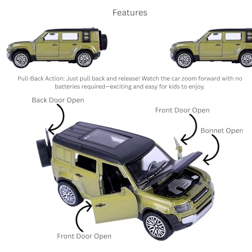Image of DREAMY DEN 1:36 Defender Die-Cast Metal Toy Car | Pull Back Action with Openable Doors, Bonnet & Boot | Realistic Lights & Detailing | Premium Miniature Car Model Toy for All Ages