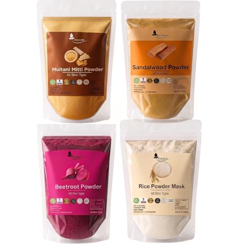 Image of Herbal Multani Mitti, Sandalwood, Beetroot, Rice Powder Mask by Kojagari (Combo of 4) | For Face pack | Reduce Acne, Darkspots, Pigmentation, D Tan | Bright and Glowing Skin |