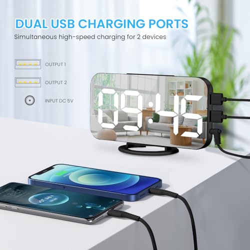 Digital Alarm Clock,Large Display LED and Mirror Desk Clock with Dual USB Charger Ports, 3 Levels Brightness,12/24H Alarm Clocks, Modern Electronic Clock for Bedroom Living Room Office-Black - Image 3