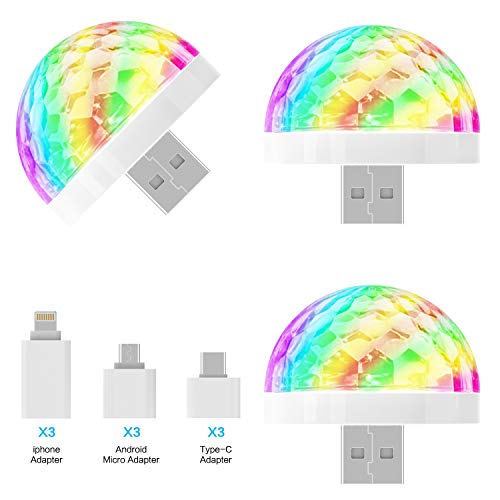 USB Mini Disco Light, LED Car Party Lights Disco Ball,Decorative Portable Atmosphere Light for Xmas Parties,Pool,Club,Church,Karaoke,Wedding(3 Packs)