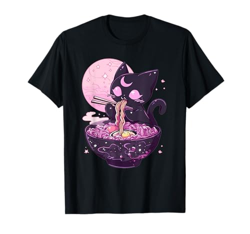 Pastel Goth Aesthetic Kawaii Creepy Cat Eating Ramen Noodles T-Shirt