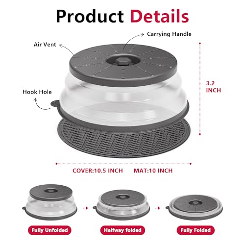 Image of ML-24-7-1 Microwave Splatter Cover & Mat, Vented Collapsible Splatter Guard dish Plate lid & Silicone Round Kitchen Mat for Food, Meal Prep