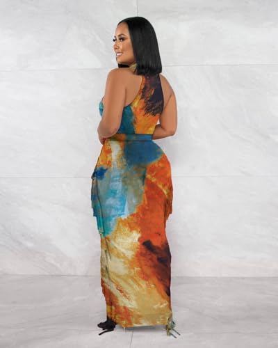 Image of 2 Piece Outfits for Women Sexy Halter Neck Sleeveless Crop Tops Ruched Bodycon Dresses Jumpsuits Fringe Skirt Sets