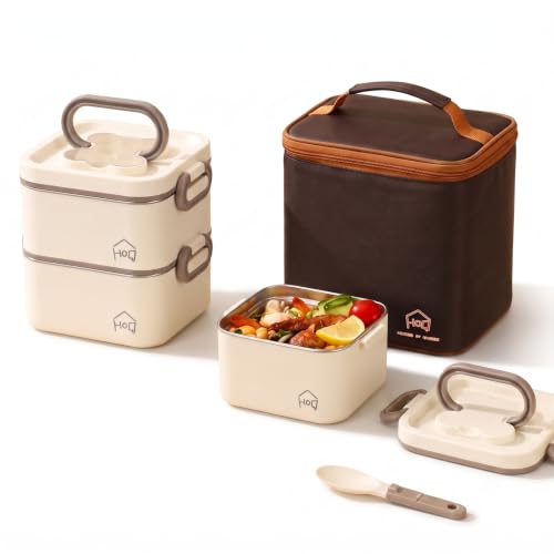 Image of House of Quirk 304 Stainless Steel Lunch Box, 3 Containers with 1 Divider Container, Insulated Lunch Bag & Spoon, Leakproof Bento Tiffin Box for Office, School & College, BPA Free (Beige)
