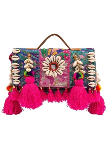 Handcrafted Embroidered Cotton Fabric Clutch Bag for Women, Ethnic Boho Sling Purse with Tassel & Decorative Embellishments, Party Wedding Festival Handbag (Multicolor & multi design)-image-15