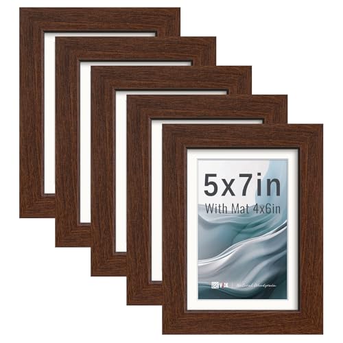 Image of VCK 5x7 Picture Frame 5 Pack, Brown Exclusive Wood, HD Glass, for Photo