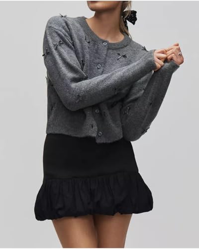 Image of Women's Mini Bow Cardigan Long Sleeve Crewneck Button Down Cropped Knit Sweaters Grey