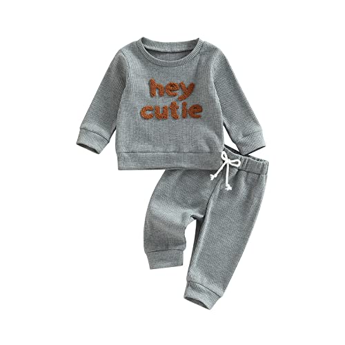 Image of Madjtlqy Toddler Baby Girl Boy Fall Winter Waffle Outfit Set Letter Printed Long Sleeve Sweatshirt Tops + Pants
