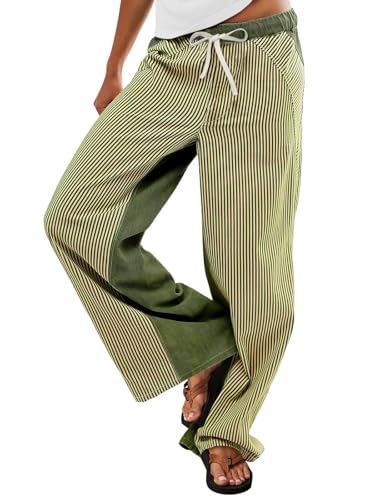 ONLYSTORY Women Striped Low Rise Pants Boho Wide Leg Pant Trendy Fun Patchwork Draw String Pull On Jeans AC Green Stripe M