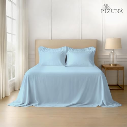 Image of Pizuna 100% Cotton Bedsheet Super King Size Baby Blue, 600 Thread Count Long Staple Combed Cotton Flat Bedsheets 108x108 Inches with 4 Pillow Covers, Bed Sheet for Super King Size Bed