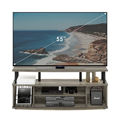 Image of Furinno Jaya 4-Tier TV Stand for TV up to 55 Inch, French Oak | Open Storage and Sound Bar Shelf, Entertainment Center, TV Console, for Living Room, Bedroom