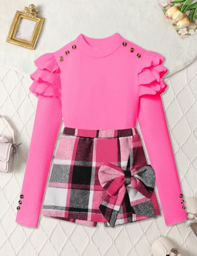 Image of Girls Clothes 2 Piece Ruffle Long Sleeve Shirt Top and Bow Plaid Skirt Set Girls Fall Winter Outfits 6-16 Years