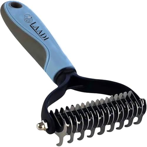 Laadi Dog & Cat Brush – Reduce Shedding by 95% – Double Sided Dematting Tool – Undercoat Rake Tool – Grooming Brush for Dogs & Cats (Light Blue)