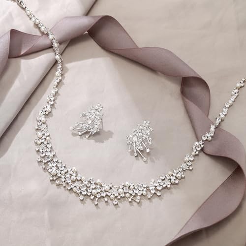 Image of White Faux Pearl Leaf Vine Bridal Cubic Zirconia Jewelry Set for Women | Wedding Party Necklace Earrings for Bridesmaid Bride